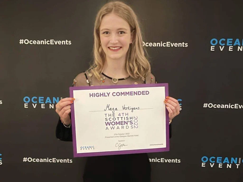 Maya with her Scottish Women's Awards certificate